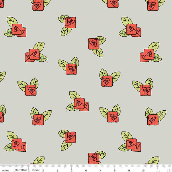 Fat Quarter End of Bolt - CLEARANCE Be Mine Valentine Rose Toss C12786 Gray - Riley Blake - Valentine's Day Floral - Quilting Cotton Fabric