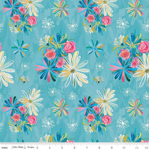 16" End of Bolt - Kindness, Always Main CD13020 Teal - Riley Blake Designs - DIGITALLY PRINTED Floral Flowers - Quilting Cotton