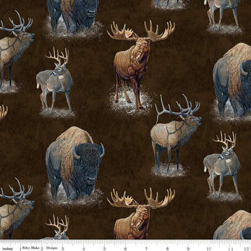 CLEARANCE Fat Quarter End of Bolt - Big Game Main CD12970 Brown - Riley Blake Designs - DIGITALLY PRINTED Elk Moose Deer - Quilting Cotton