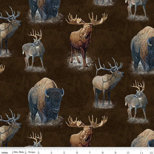 CLEARANCE Fat Quarter End of Bolt - Big Game Main CD12970 Brown - Riley Blake Designs - DIGITALLY PRINTED Elk Moose Deer - Quilting Cotton