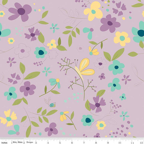 26" End of Bolt - Hello Spring Main C12960 Lilac - Riley Blake Designs - Floral Flowers Snails Butterflies - Quilting Cotton Fabric