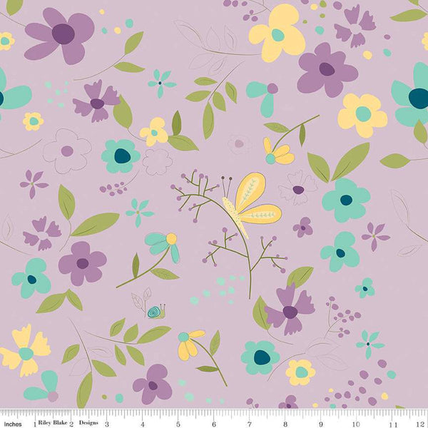 24" End of Bolt - Hello Spring Main C12960 Lilac - Riley Blake Designs - Floral Flowers Snails Butterflies - Quilting Cotton Fabric