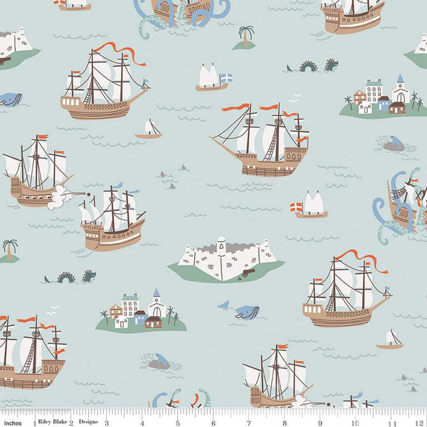 Hoist the Sails Main C12980 Mist by Riley Blake Designs - Ships Islands Whales Sea Dragons - Quilting Cotton Fabric