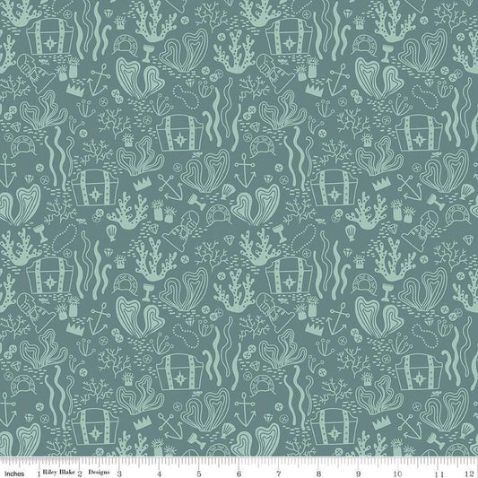Fat Quarter End of Bolt - SALE Hoist the Sails Treasure C12982 Teal - Riley Blake - Treasure Chests Tone-on-Tone - Quilting Cotton Fabric