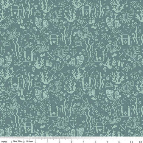 Fat Quarter End of Bolt - Hoist the Sails Treasure C12982 Teal by Riley Blake - Treasure Chests Pirate Tone-on-Tone - Quilting Cotton Fabric