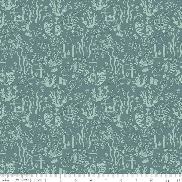 Fat Quarter End of Bolt - Hoist the Sails Treasure C12982 Teal by Riley Blake - Treasure Chests Pirate Tone-on-Tone - Quilting Cotton Fabric