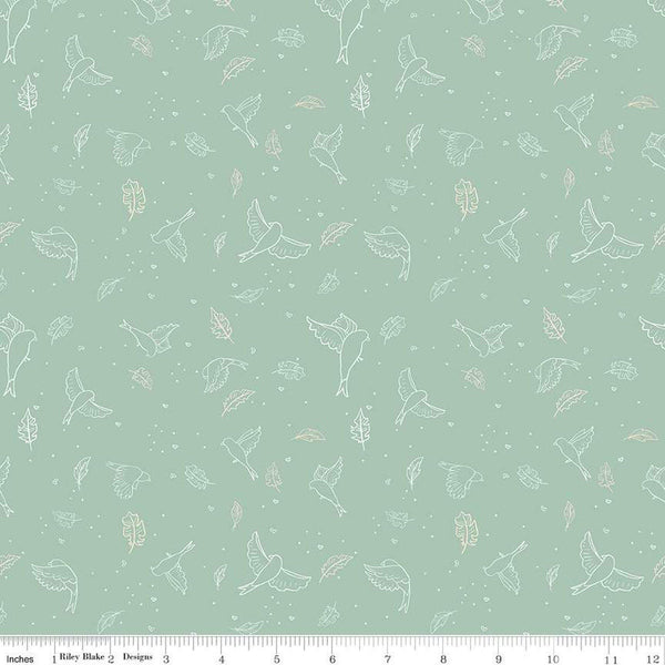 Fat Quarter End of Bolt - CLEARANCE Wild and Free Birds C12931 Seafoam - Riley Blake - Line-Drawn Birds Leaves Hearts Dots - Quilting Cotton