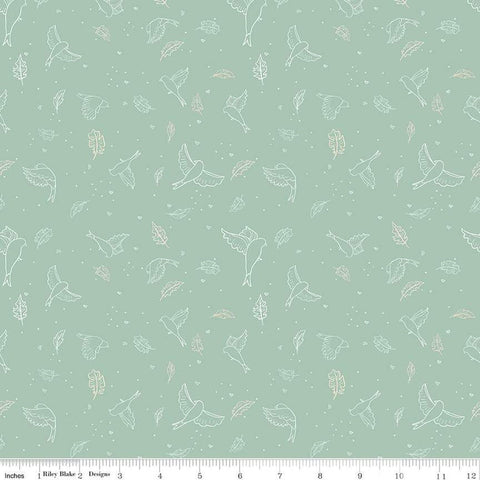 Fat Quarter End of Bolt - CLEARANCE Wild and Free Birds C12931 Seafoam - Riley Blake - Line-Drawn Birds Leaves Hearts Dots - Quilting Cotton