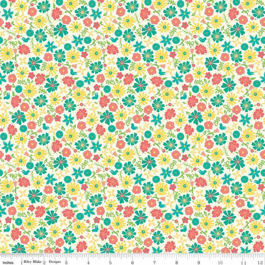 Fat Quarter End of Bolt - Gingham Cottage Flowers C13015 Cream - Riley Blake Designs - Floral Flower - Quilting Cotton Fabric