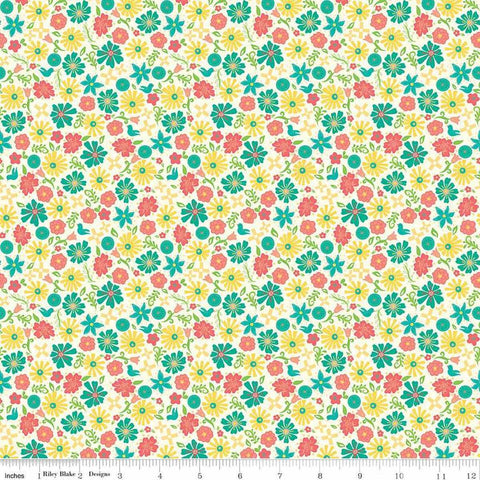 12" End of Bolt - Gingham Cottage Flowers C13015 Cream - Riley Blake Designs - Floral Flower - Quilting Cotton Fabric