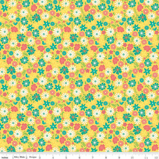 35" End of Bolt - SALE Gingham Cottage Flowers C13015 Yellow - Riley Blake Designs - Floral Flower - Quilting Cotton Fabric