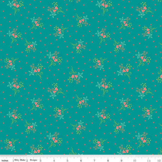 Fat Quarter End of Bolt - SALE Gingham Cottage Scatter Floral C13013 Teal - Riley Blake Designs - Flower Flowers - Quilting Cotton Fabric