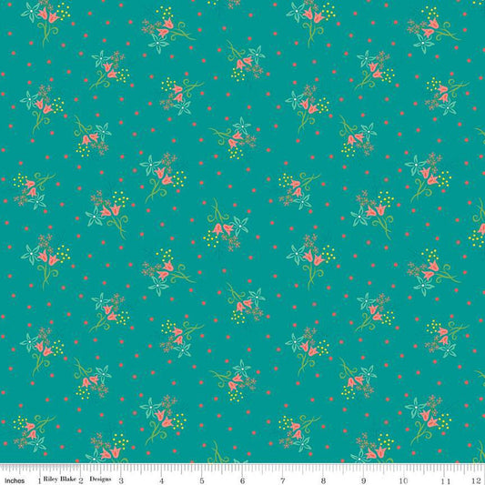 15" End of Bolt - DEAL Gingham Cottage Scatter Floral C13013 Teal - Riley Blake Designs - Flower Flowers - Quilting Cotton Fabric
