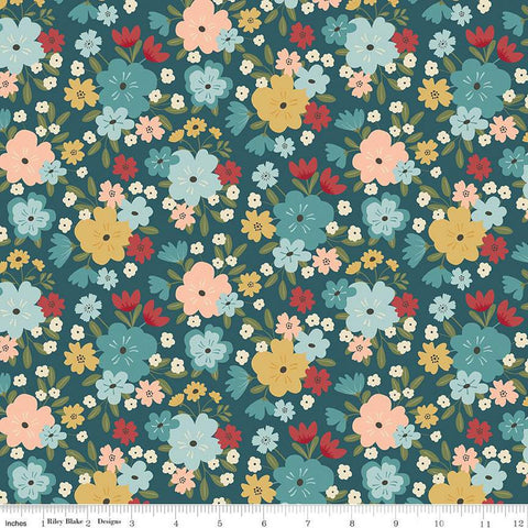 30" End of Bolt Piece - Ally's Garden Main C13240 Colonial Blue by Riley Blake Designs - Floral Flowers - Quilting Cotton Fabric