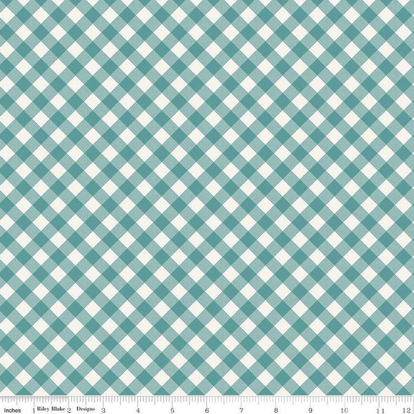 34" End of Bolt - Ally's Garden PRINTED Gingham C13243 Teal - Riley Blake - Diagonal Teal Cream Check Checks - Quilting Cotton Fabric