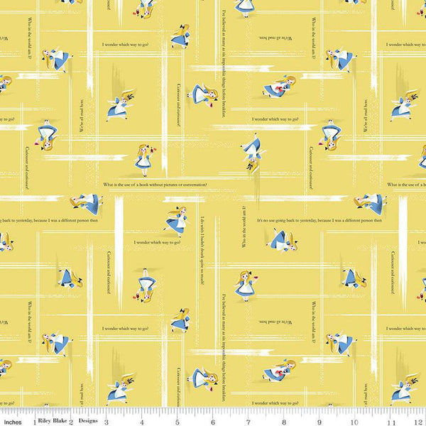 Fat Quarter End of Bolt - CLEARANCE Down the Rabbit Hole Alice Toss C12946 Yellow by Riley Blake  Alice in Wonderland Quilting Cotton Fabric