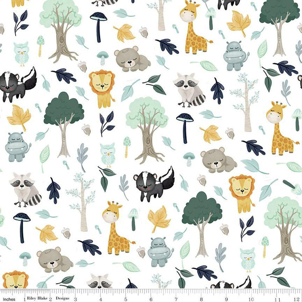 Fat Quarter End of Bolt Piece - It's a Boy C13250 White by Riley Blake - Foliage Lions Giraffes Hippos Owls Bears - Quilting Cotton Fabric