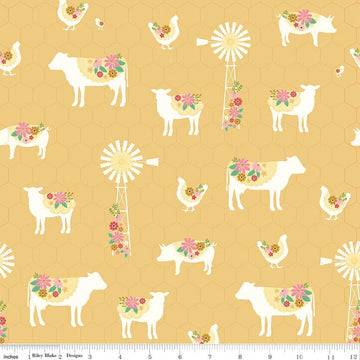 Fat Quarter End of Bolt - SALE Sweet Acres Farm C13211 Cornsilk - Riley Blake - Animals Flowers Chicken-Wire - Quilting Cotton Fabric