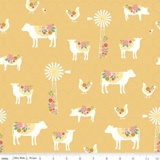 Fat Quarter End of Bolt - SALE Sweet Acres Farm C13211 Cornsilk - Riley Blake - Animals Flowers Chicken-Wire - Quilting Cotton Fabric