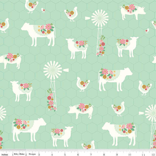 9" End of Bolt - SALE Sweet Acres Farm C13211 Mint - Riley Blake - Animals Windmills Flowers Chicken-Wire - Quilting Cotton Fabric