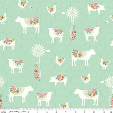 Fat Quarter End of Bolt - SALE Sweet Acres Farm C13211 Mint - Riley Blake - Animals Windmills Flowers Chicken-Wire - Quilting Cotton Fabric