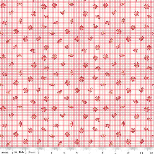 29" End of Bolt - SALE Sweet Acres Floral Gingham C13213 Strawberry - Riley Blake - Check Checks Flowers Off-White - Quilting Cotton Fabric