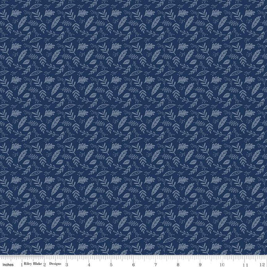 13" End of Bolt - SALE Butterfly Blossom Leaf Toss C13275 Navy by Riley Blake Designs - Tone-on-Tone Leaves - Quilting Cotton Fabric