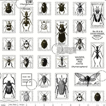 27" End of Bolt - SALE Art Journal Bug Post CD13036 White - Riley Blake - DIGITALLY PRINTED Postal Markings Insects - Quilting Cotton