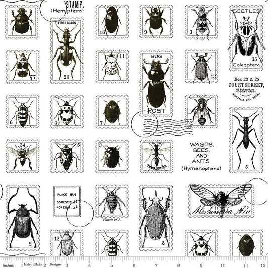 27" End of Bolt - SALE Art Journal Bug Post CD13036 White - Riley Blake - DIGITALLY PRINTED Postal Markings Insects - Quilting Cotton