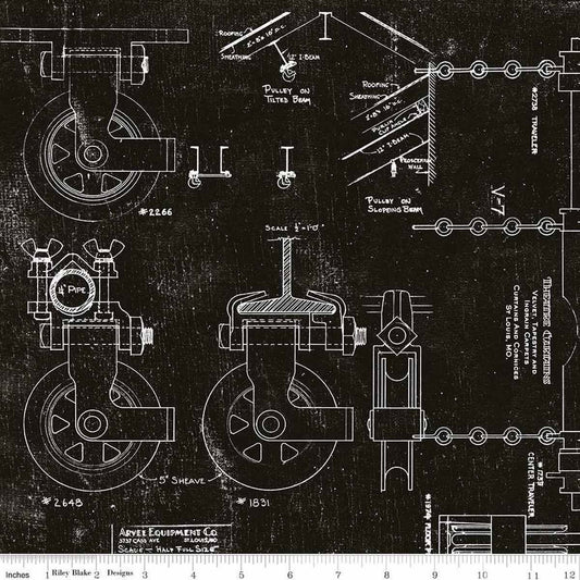Fat Quarter End of Bolt SALE Art Journal In the Wings C13044 Black by Riley Blake - Pulleys Technical Drawings Text - Quilting Cotton Fabric