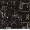 17" End of Bolt - SALE Art Journal In the Wings C13044 Black by Riley Blake - Pulleys Technical Drawings Text - Quilting Cotton Fabric