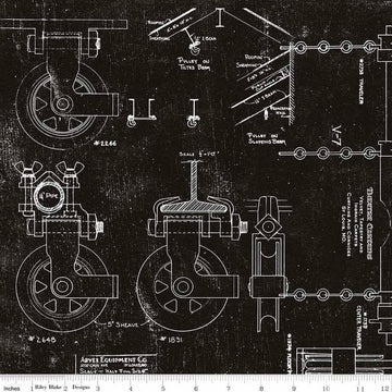 17" End of Bolt - SALE Art Journal In the Wings C13044 Black by Riley Blake - Pulleys Technical Drawings Text - Quilting Cotton Fabric