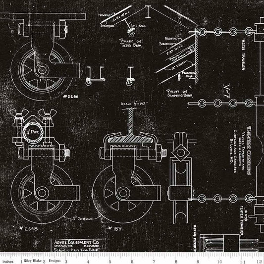 17" End of Bolt - SALE Art Journal In the Wings C13044 Black by Riley Blake - Pulleys Technical Drawings Text - Quilting Cotton Fabric