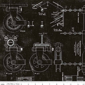 24" End of Bolt - SALE Art Journal In the Wings C13044 Black by Riley Blake - Pulleys Technical Drawings Text - Quilting Cotton Fabric