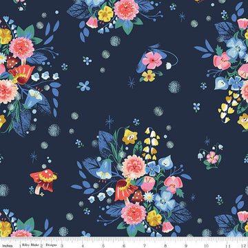 13" End of Bolt - Down the Rabbit Hole Caterpillar Floral C12941 Navy - Riley Blake - Alice in Wonderland Flowers - Quilting Cotton Fabric