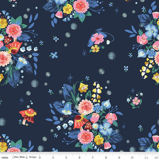 13" End of Bolt - Down the Rabbit Hole Caterpillar Floral C12941 Navy - Riley Blake - Alice in Wonderland Flowers - Quilting Cotton Fabric