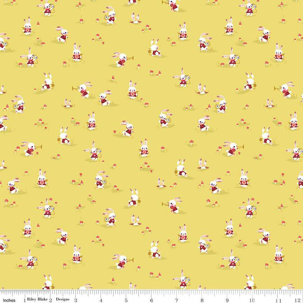 17" End of Bolt - Down the Rabbit Hole Rabbit Chase C12944 Yellow - Riley Blake - Alice in Wonderland White Rabbit - Quilting Cotton Fabric