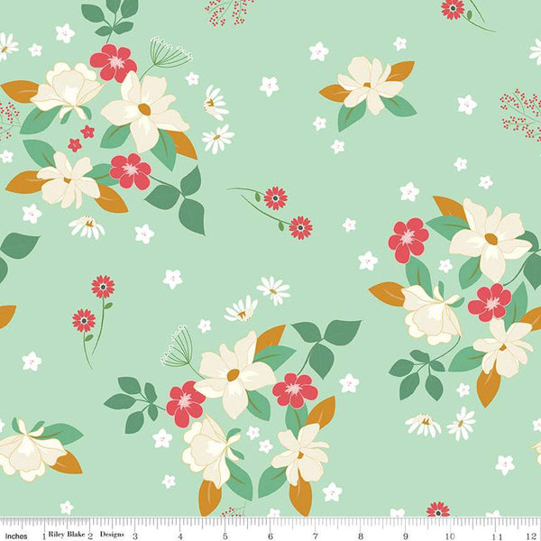 Fat Quarter End of Bolt - Sweet Acres Main C13210 Mint by Riley Blake Designs - Floral Flowers - Quilting Cotton Fabric