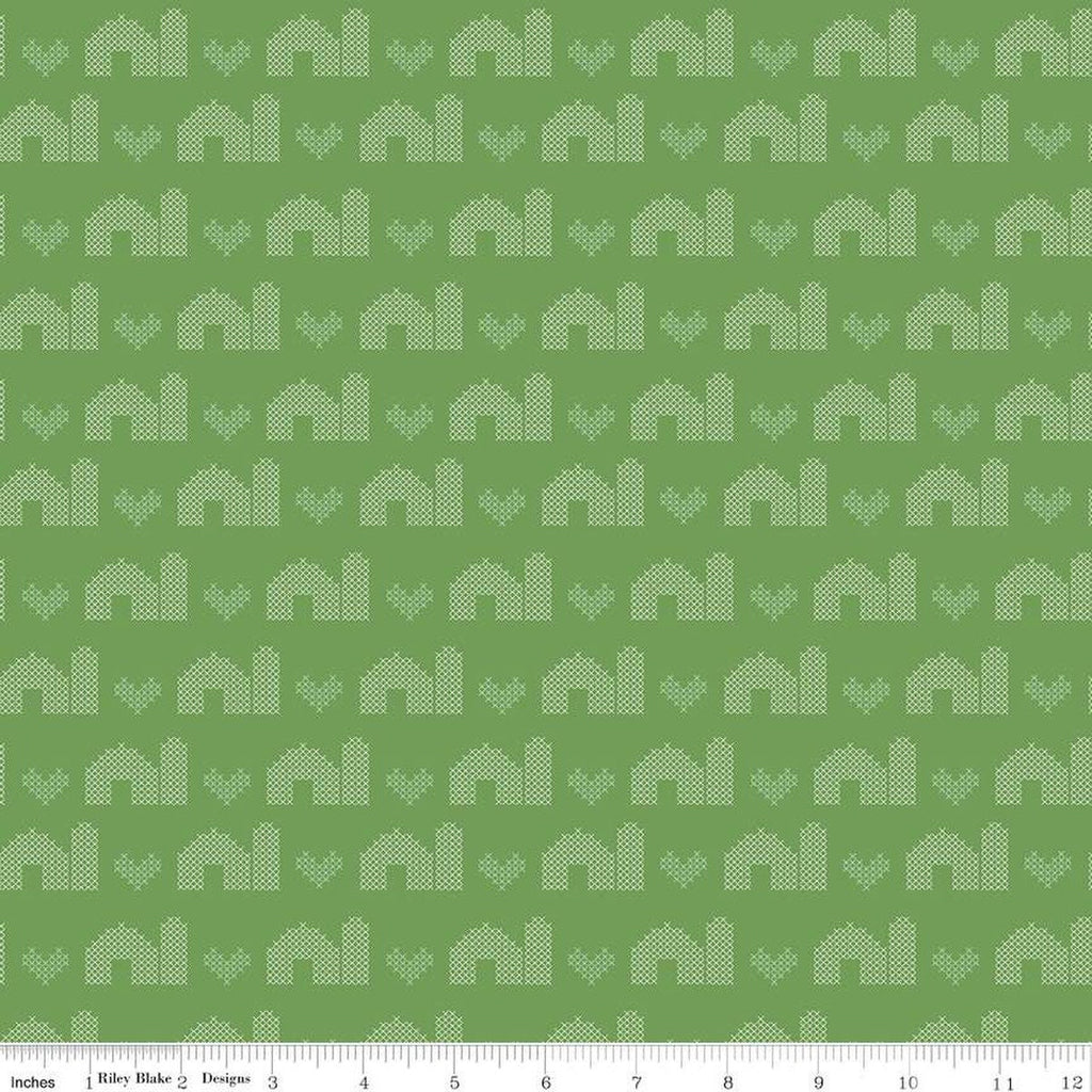 Fat Quarter End of Bolt - CLEARANCE Sweet Acres Barn Stitch C13214 Basil by Riley Blake  - PRINTED Cross-stitched Hearts - Quilting Cotton