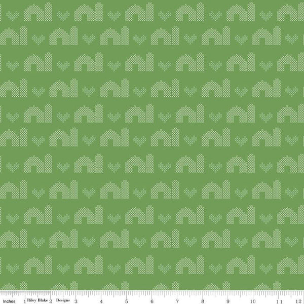 Fat Quarter End of Bolt - CLEARANCE Sweet Acres Barn Stitch C13214 Basil by Riley Blake  - PRINTED Cross-stitched Hearts - Quilting Cotton