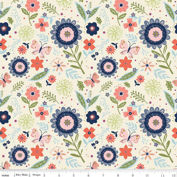 13" End of Bolt - SALE Butterfly Blossom Main C13270 Cream - Riley Blake Designs - Floral Flowers - Quilting Cotton Fabric