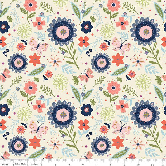 13" End of Bolt - SALE Butterfly Blossom Main C13270 Cream - Riley Blake Designs - Floral Flowers - Quilting Cotton Fabric