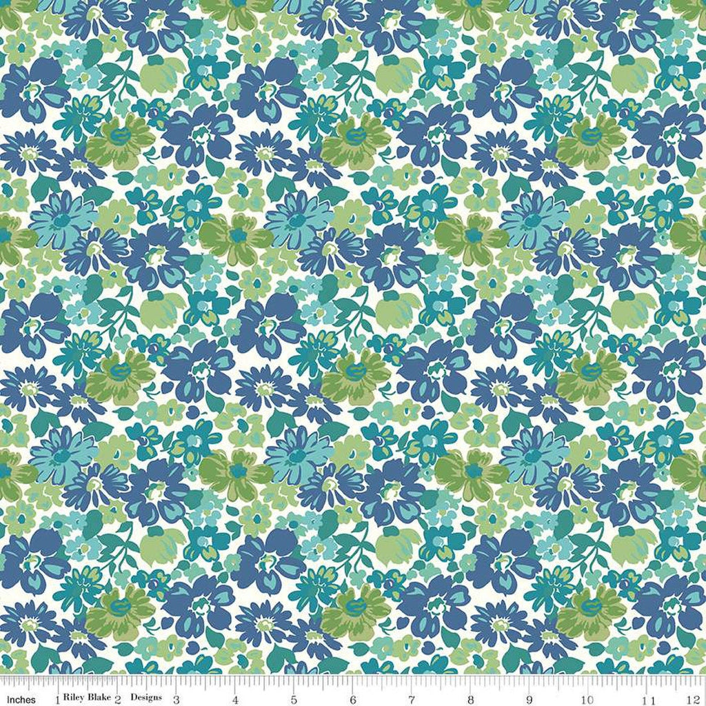 SALE Bee Vintage Mildred C13070 Blue by Riley Blake Designs - Floral Flowers Leaves - Lori Holt - Quilting Cotton Fabric