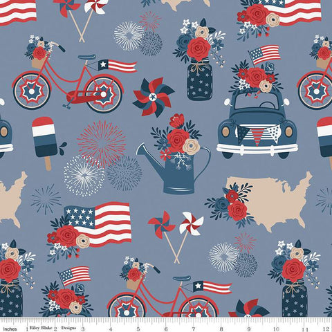 Fat Quarter End of Bolt - SALE Red, White and True Main C13180 Stone by Riley Blake- Patriotic Summer Flag Bike Flower Car - Quilting Cotton