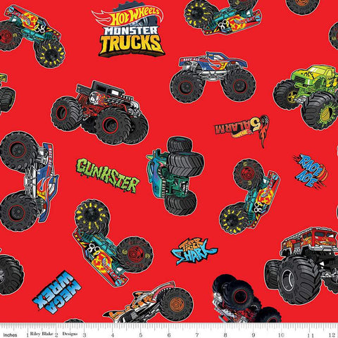 20" End of Bolt - Hot Wheels Monster Trucks Main CD12950 Red - Riley Blake - DIGITALLY PRINTED Trucks Logo Text - Quilting Cotton Fabric