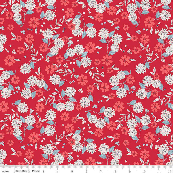 11" End of Bolt Piece - Land of the Brave Floral C13142 Red by Riley Blake Designs - Patriotic Flowers Leaves - Quilting Cotton Fabric