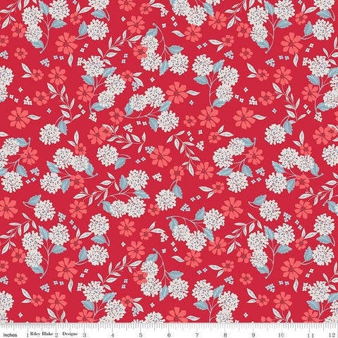 Fat Quarter End of Bolt Piece - Land of the Brave Floral C13142 Red by Riley Blake Designs - Patriotic Flowers Leaves - Quilting Cotton