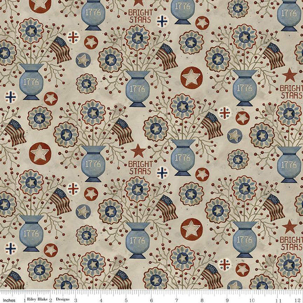 Fat Quarter End of Bolt - SALE Bright Stars Vases C13103 Natural - Riley Blake - Patriotic Folk Floral Stars Flags - Quilting Cotton Fabric