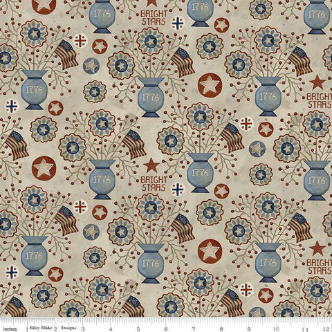 Fat Quarter End of Bolt - SALE Bright Stars Vases C13103 Natural - Riley Blake - Patriotic Folk Floral Stars Flags - Quilting Cotton Fabric