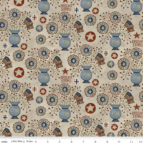 Fat Quarter End of Bolt - SALE Bright Stars Vases C13103 Natural - Riley Blake - Patriotic Folk Floral Stars Flags - Quilting Cotton Fabric